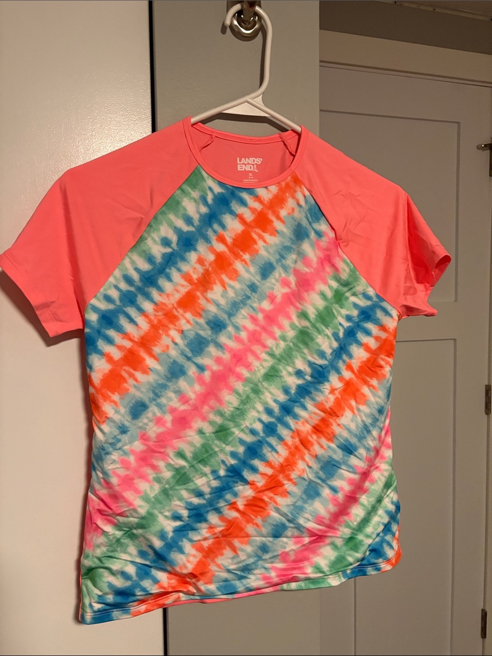 Lands' End Neon Coral Raglan Short Sleeve Tie-Dye Swim Guard Tee